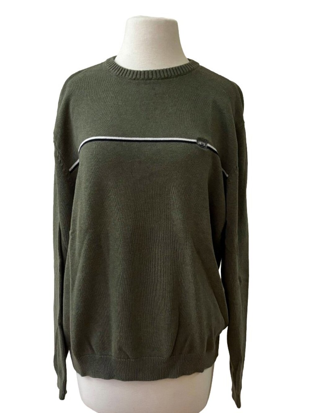 Vintage 90s Chaps Crewneck Sweater Large Olive Green Stripe Pullover 100% Cotton